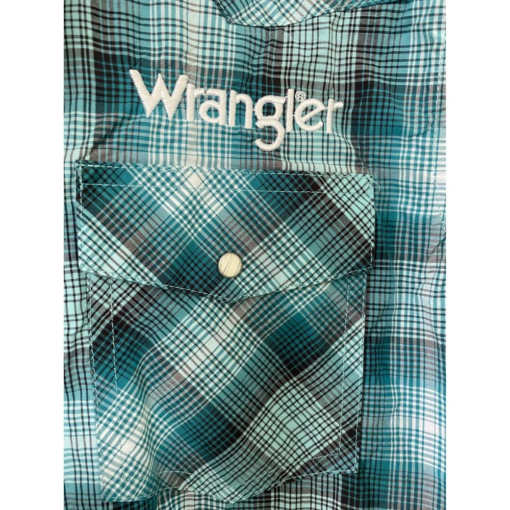 Wrangler Western Snap Shirt Kids XL Teal Plaid Cowboy Rodeo Logo Boho